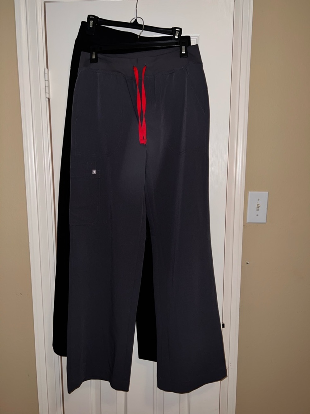 Figs Women's Wide Leg Scrub Pants in Charcoal with Pink Drawstring